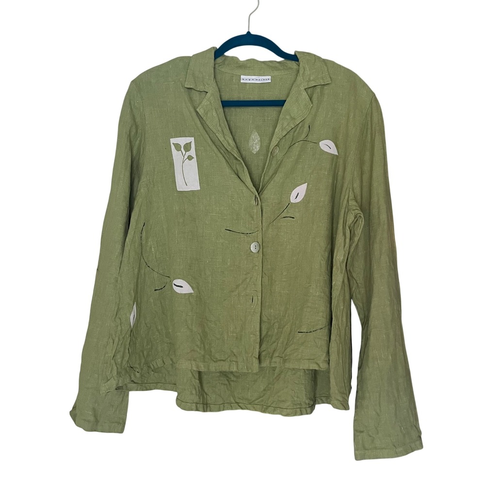 Bryn Walker Green 100% Linen Hand Painted Leaf Button Up Shirt Lagenlook M/L